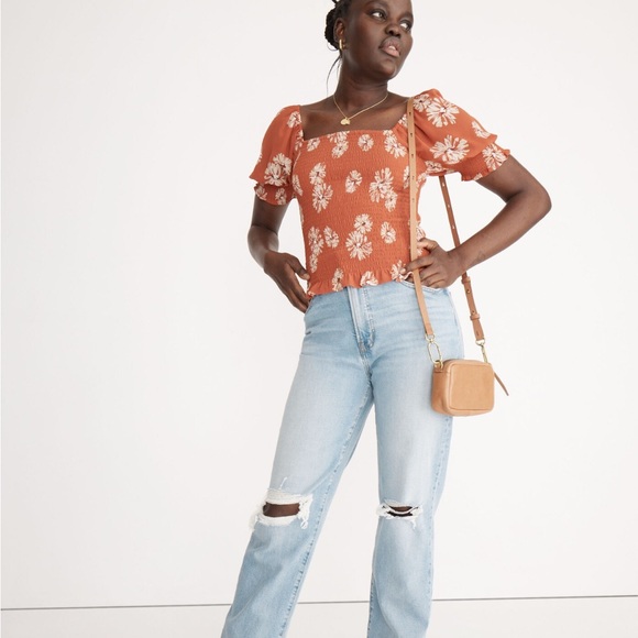 Madewell Lucie Georgette Rust Orange Floral Smocked Top - Picture 1 of 6
